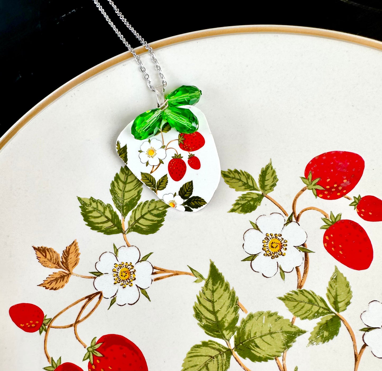 Strawberry necklace made from a Vintage 1970s Sheffield Strawberries N’ Cream plate