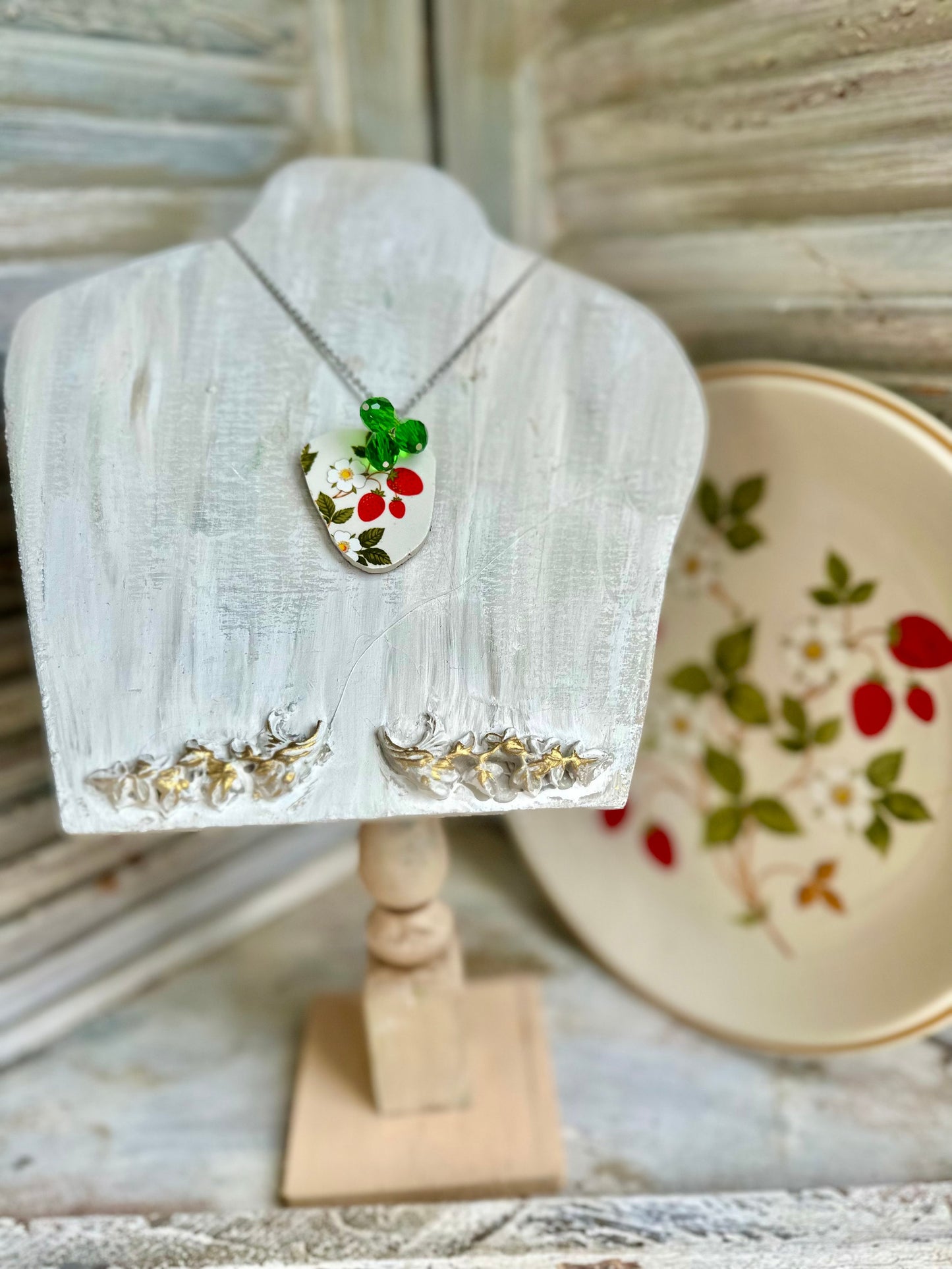 Strawberry necklace made from a Vintage 1970s Sheffield Strawberries N’ Cream plate