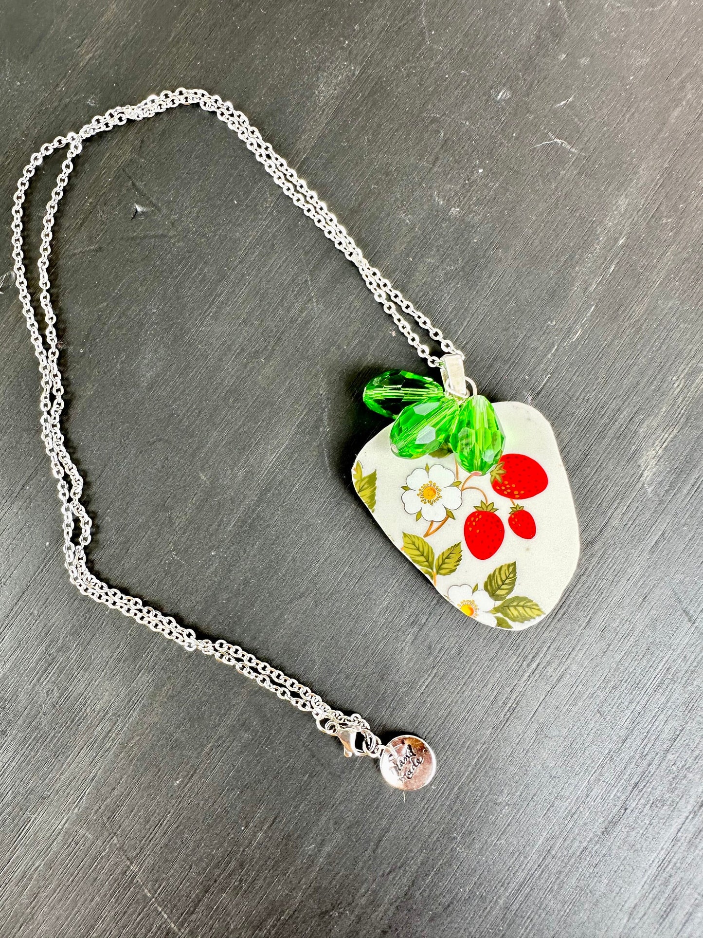 Strawberry necklace made from a Vintage 1970s Sheffield Strawberries N’ Cream plate