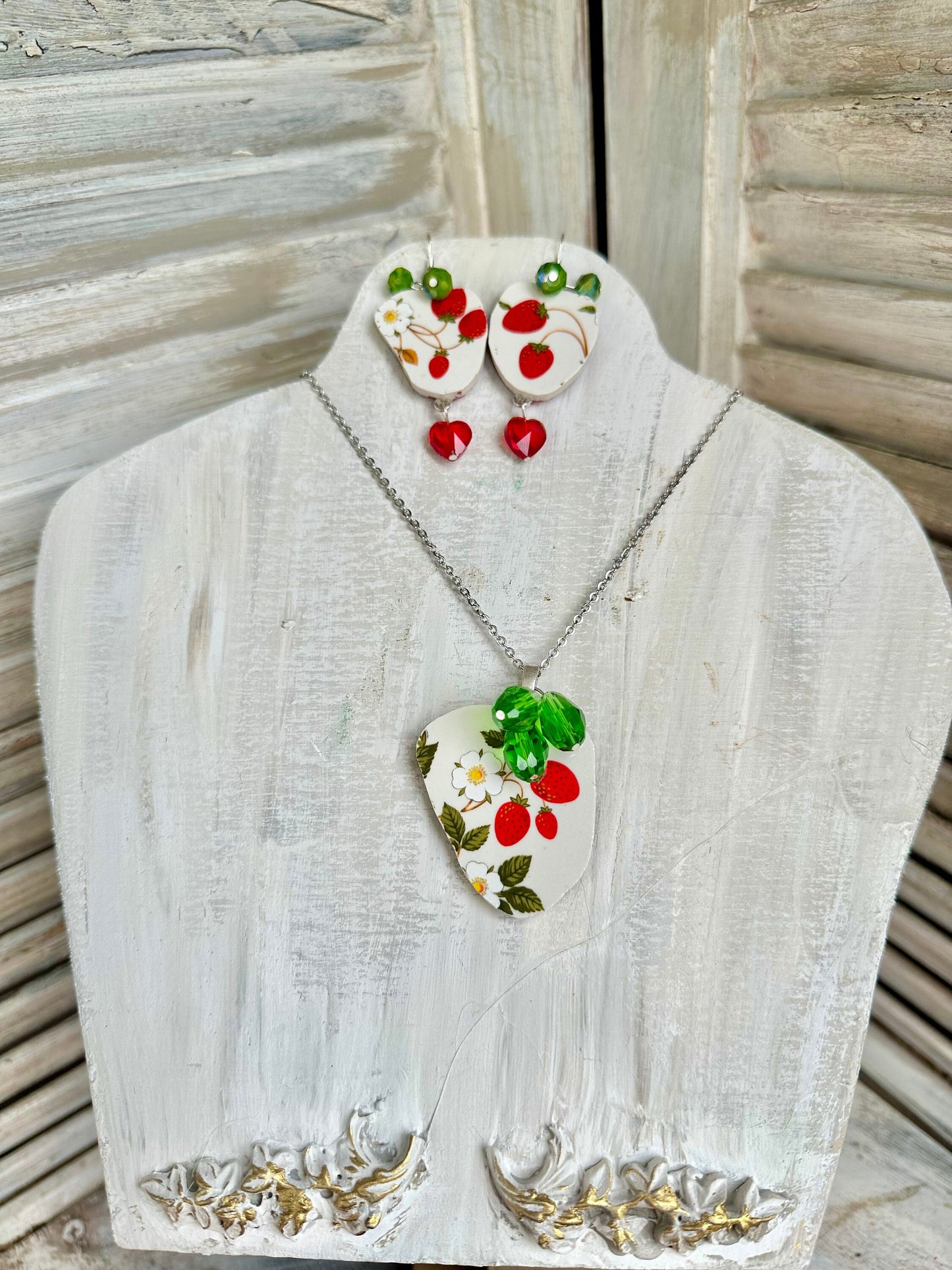 Strawberry necklace made from a Vintage 1970s Sheffield Strawberries N’ Cream plate