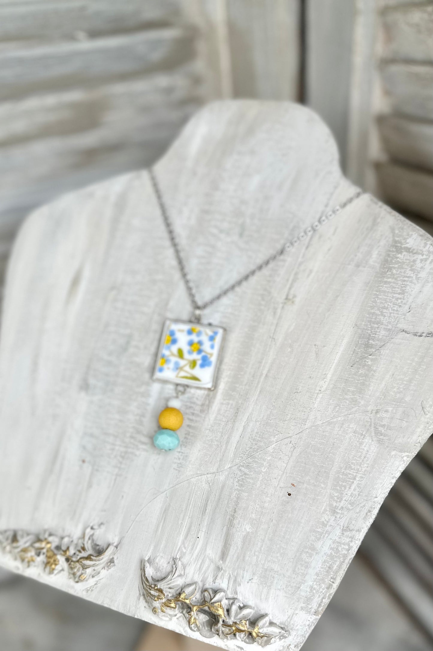 Beautiful broken china pendant necklace using a vintage 1970s Correlle “Wildflower” plate, square silver pendant necklace