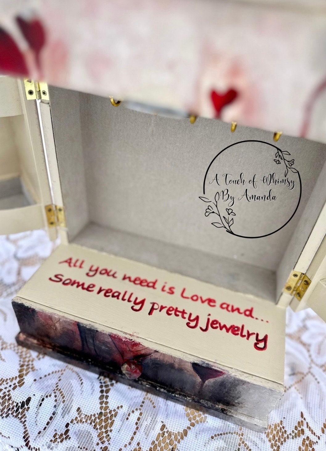 Hand painted Vintage Wood Jewelry Box/Armoire. Love/ Valentine’s Day with ring and bracelet holder