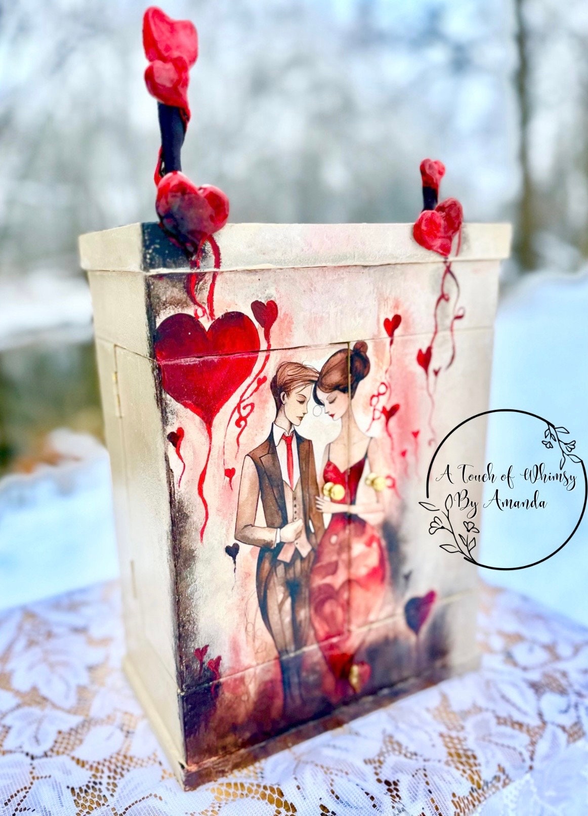 Hand painted Vintage Wood Jewelry Box/Armoire. Love/ Valentine’s Day with ring and bracelet holder
