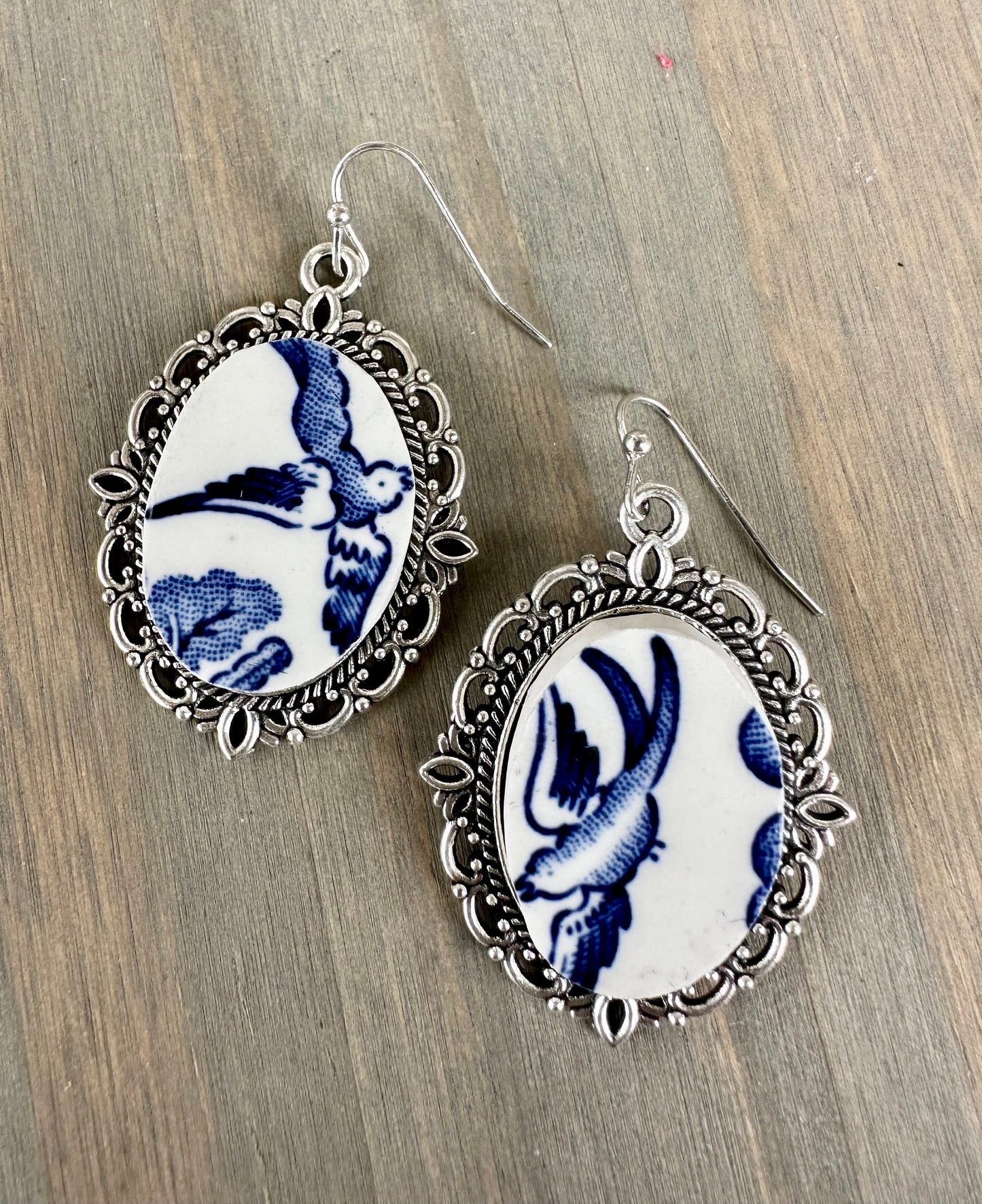 Antique Churchill England Blue Willow Broken China ornate oval silver or copper / blue and white