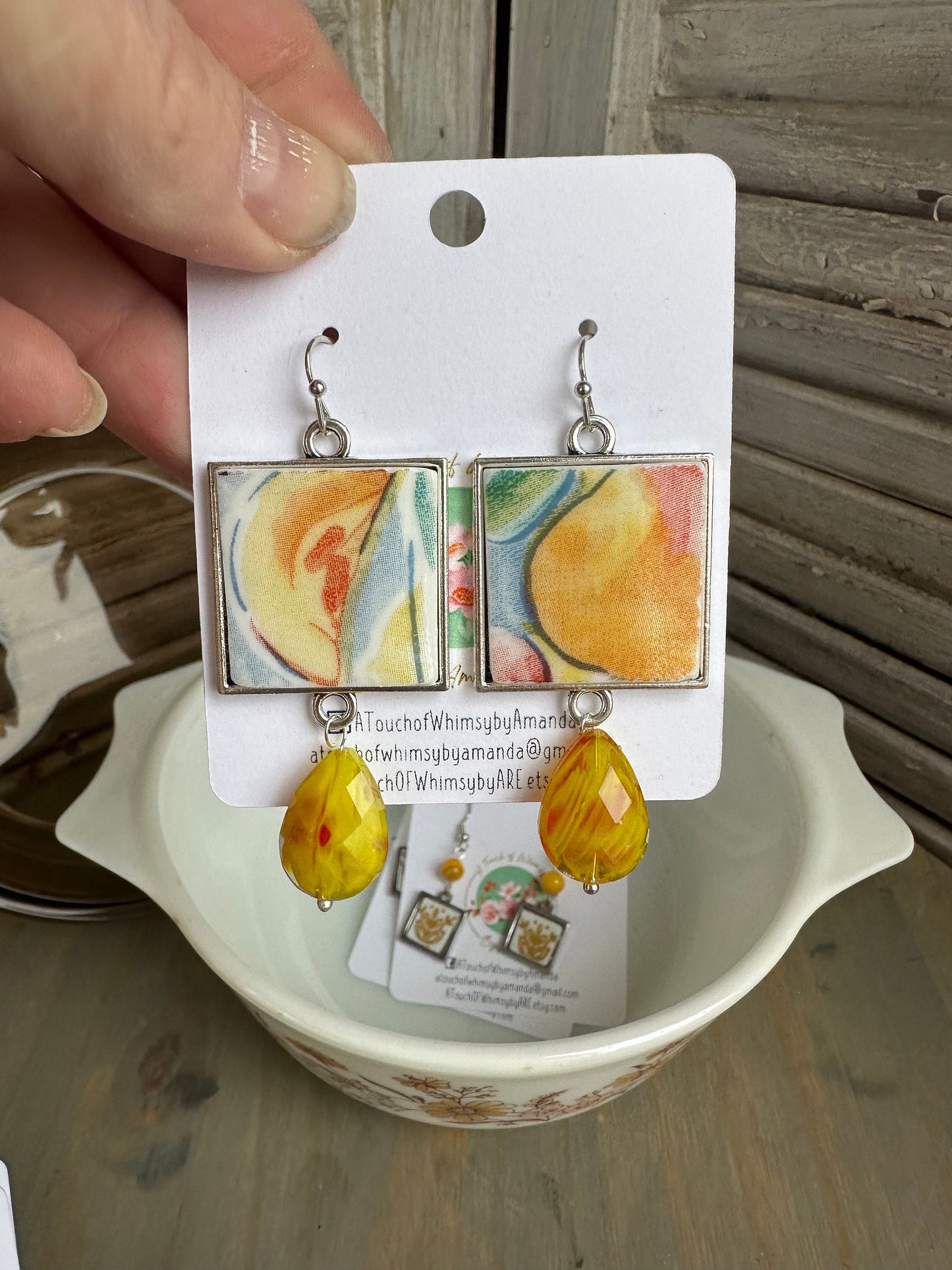 Beautiful Correlle Fruit Basket broken china earrings with glass iridescent beads