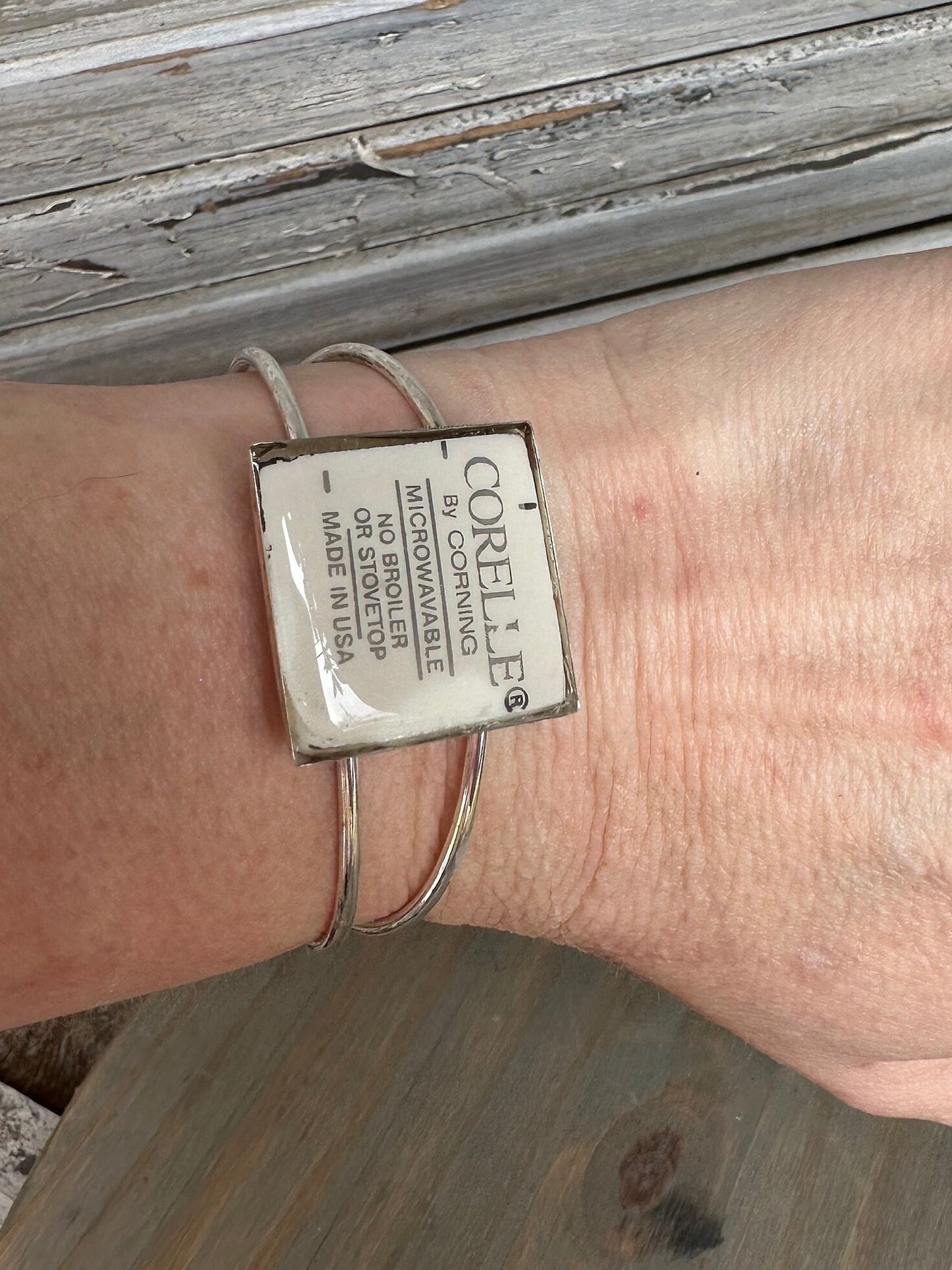 Beautiful broken china silver cuff bracelet using a vintage Homer Laughlin Shamrock Green Fiestaware plate,