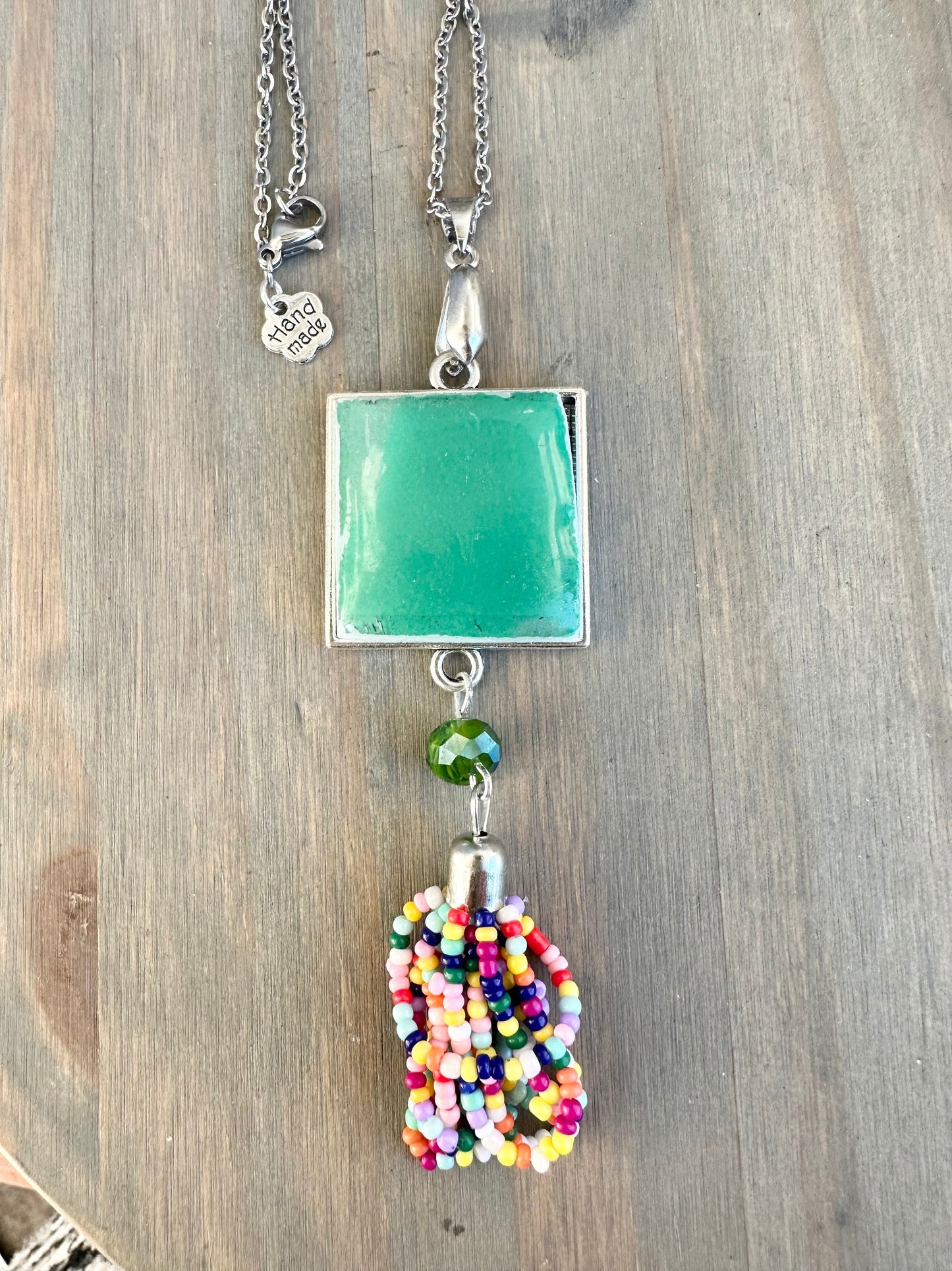 Beautiful broken china pendant necklace using a vintage 1970s Pyrex square pendant with tassel silver pendant necklace