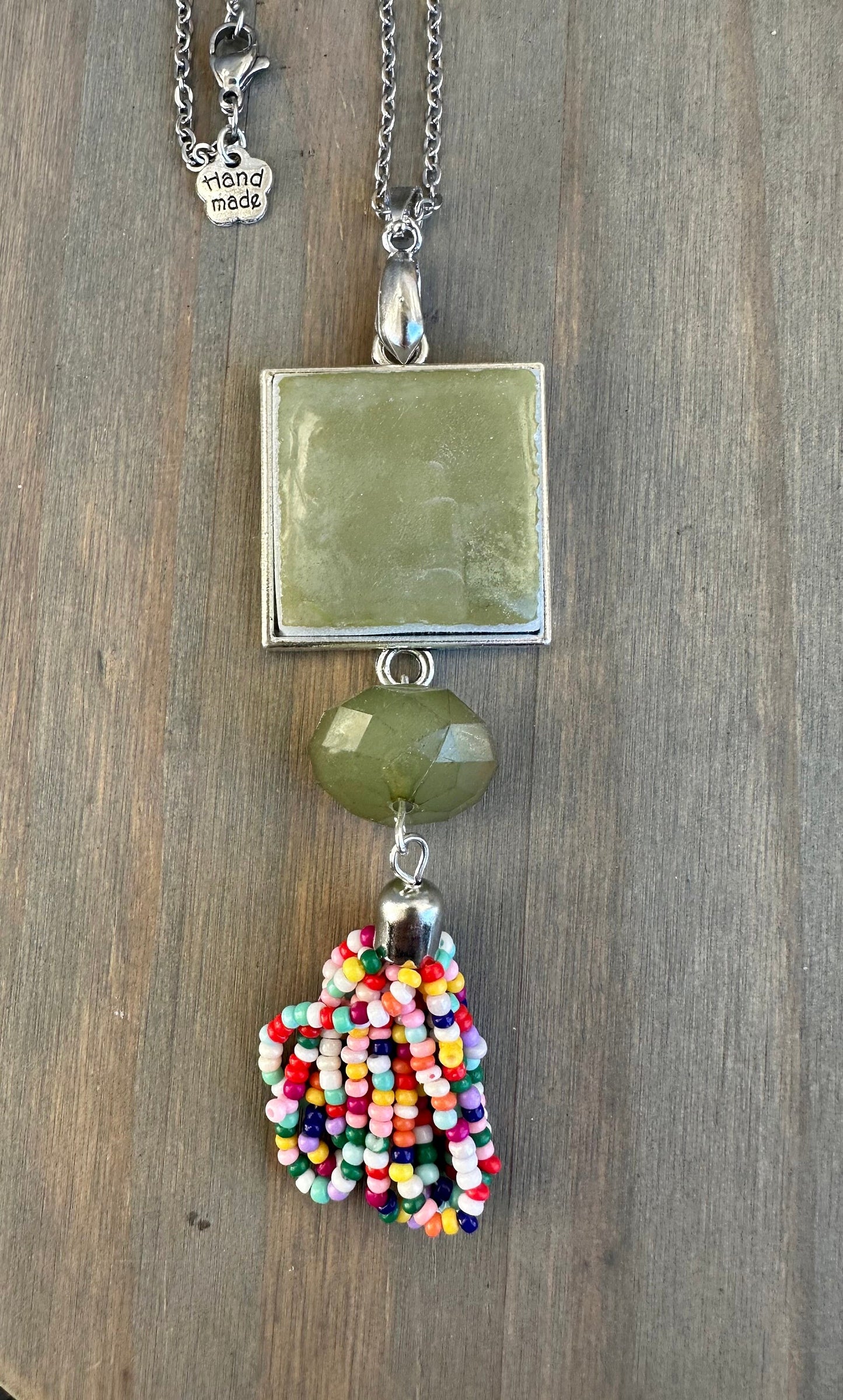 Beautiful broken china pendant necklace using a vintage 1970s Pyrex square pendant with tassel silver pendant necklace
