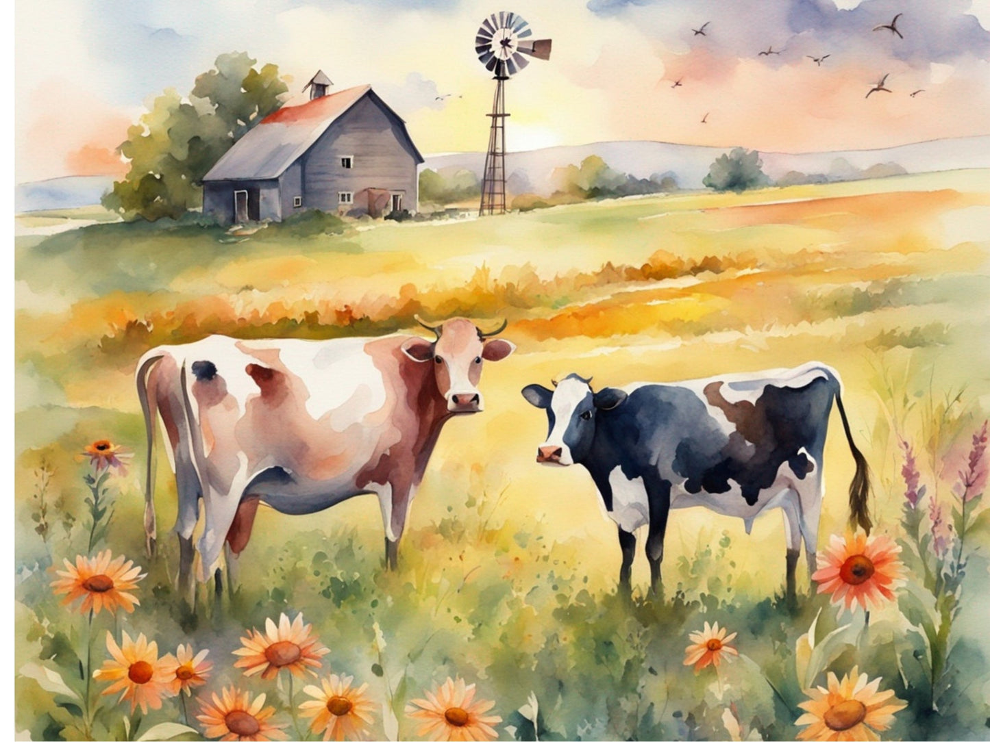 Watercolor Cows in field of Flowers Decoupage Paper