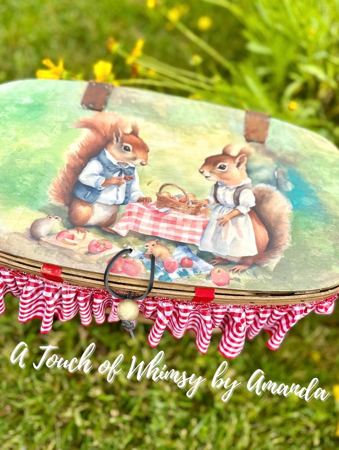 Squirrel Picnic Basket with Gingham trim