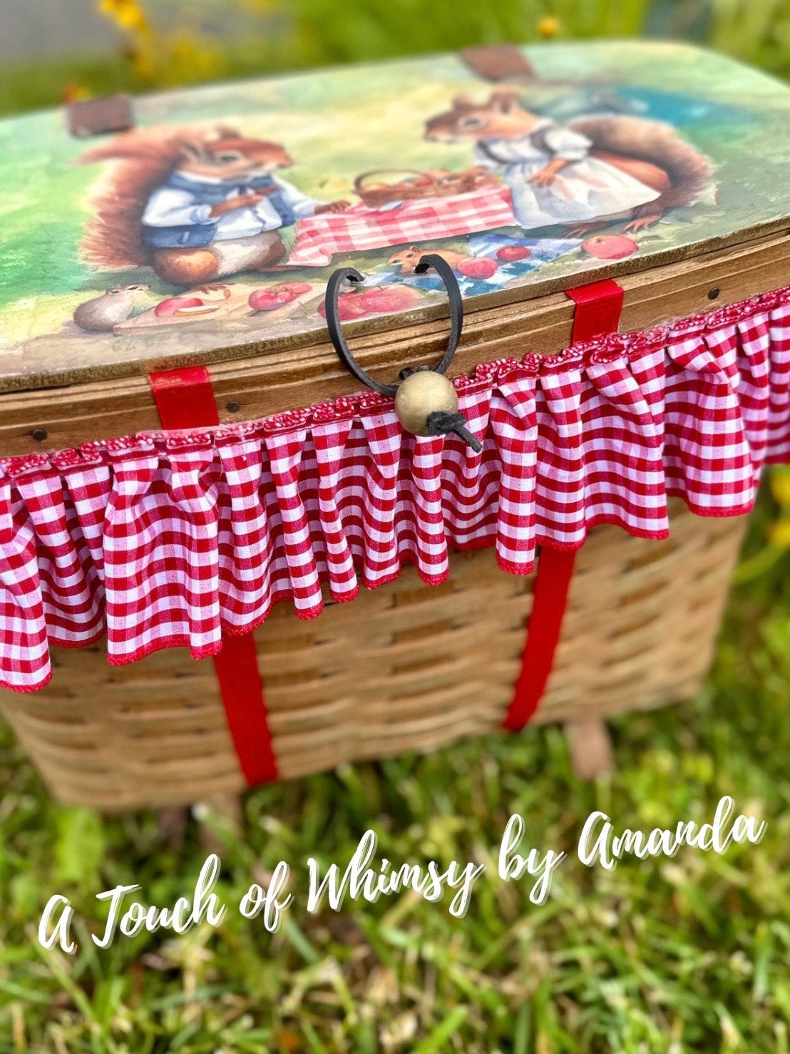 Squirrel Picnic Basket with Gingham trim