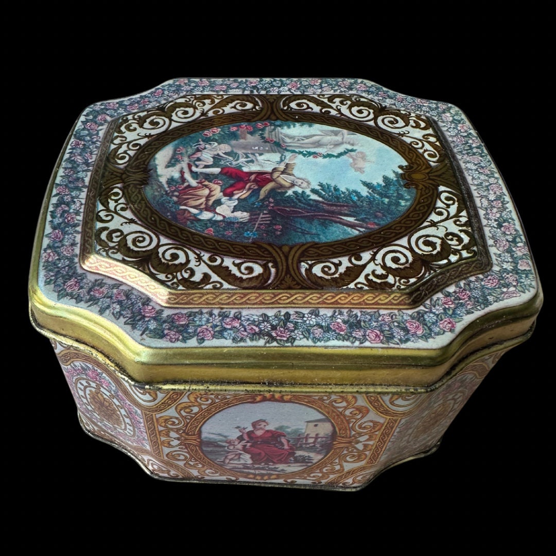 Vintage Meister Brazil 8 Sided Cupid Cherubs in Garden Couple Decorative Lid Tin