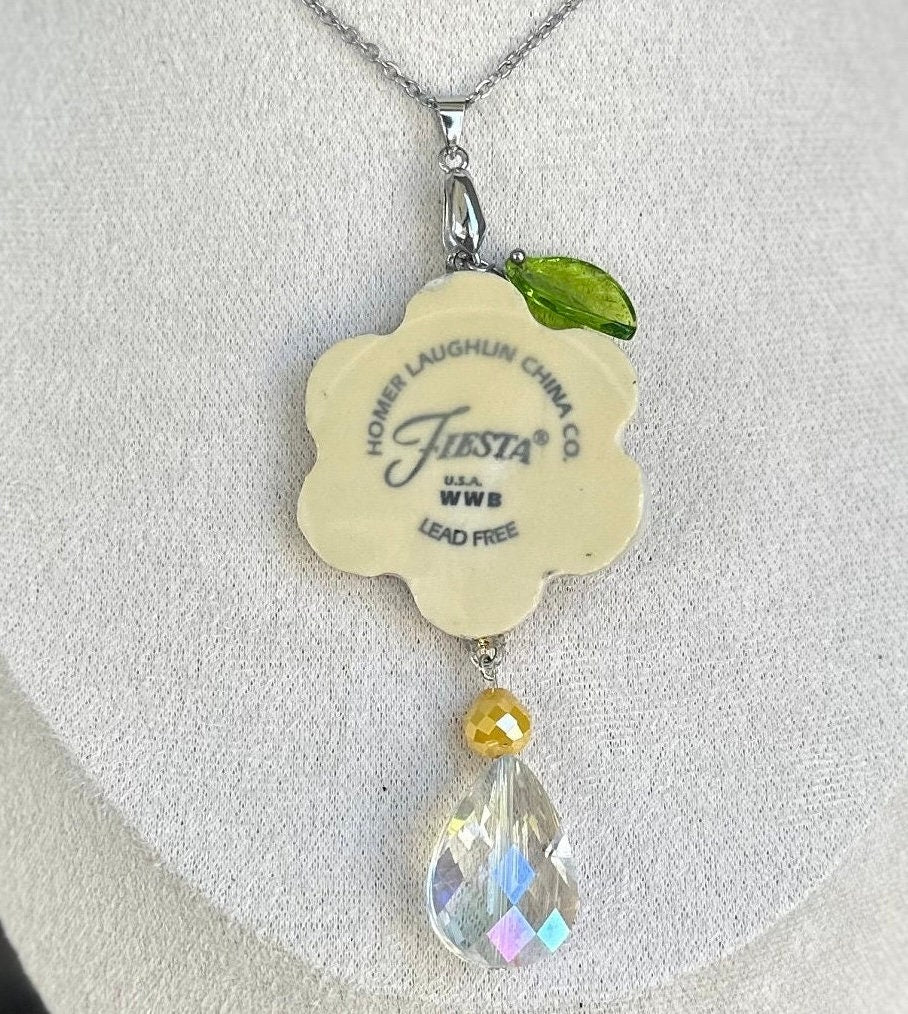 Beautiful broken china pendant necklace using a Homer Laughlin Yellow Fiestaware plate, silver necklace, Daisy with Logo