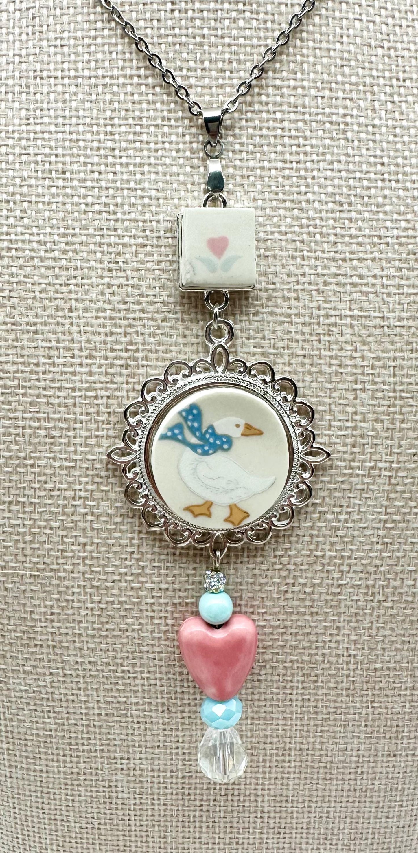 Unique Broken China Necklace made out of 1990s “Aunt Rhody Blue Goose” plate
