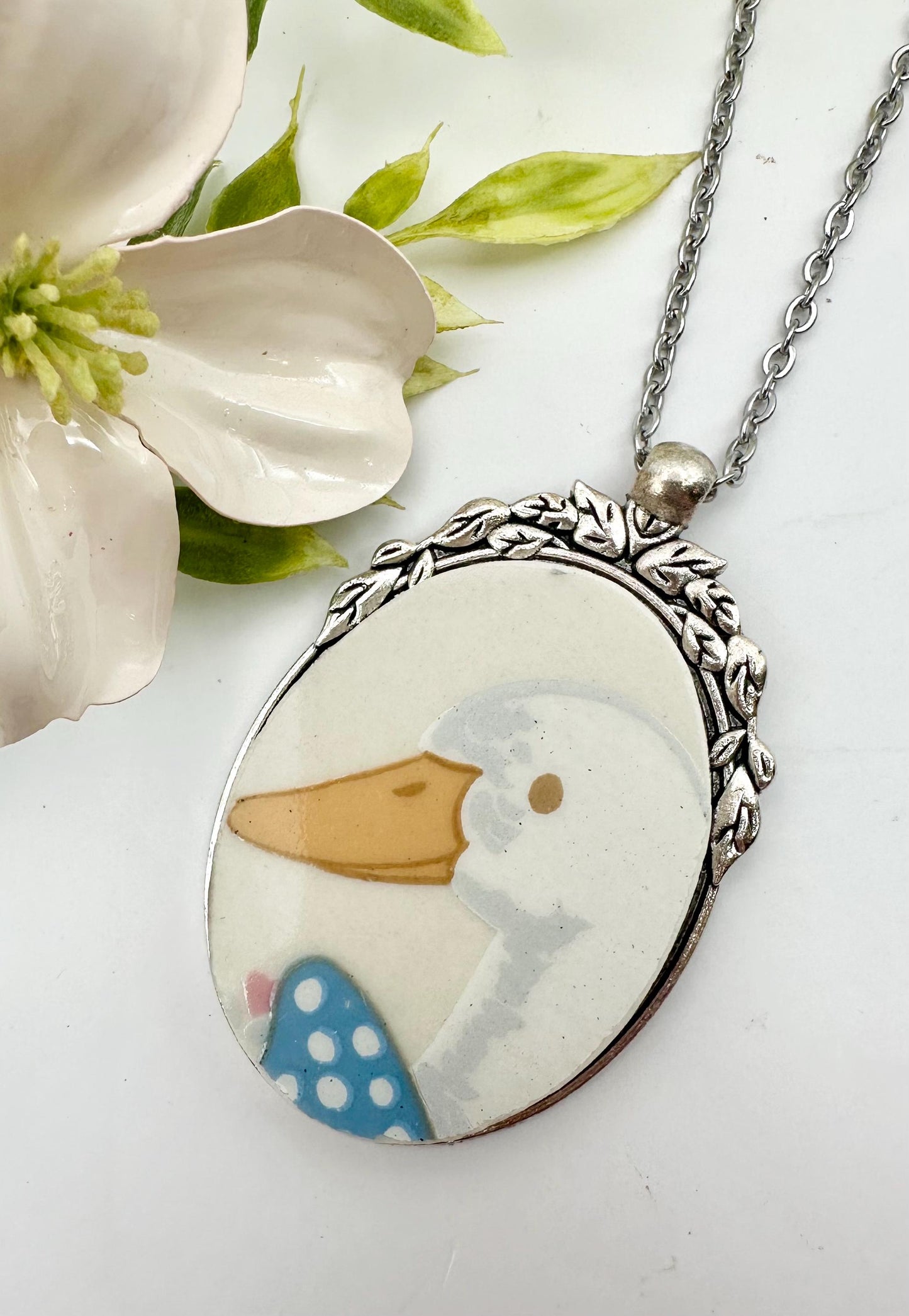 Unique Broken China Necklace made out of 1990s “Aunt Rhody Blue Goose” plate