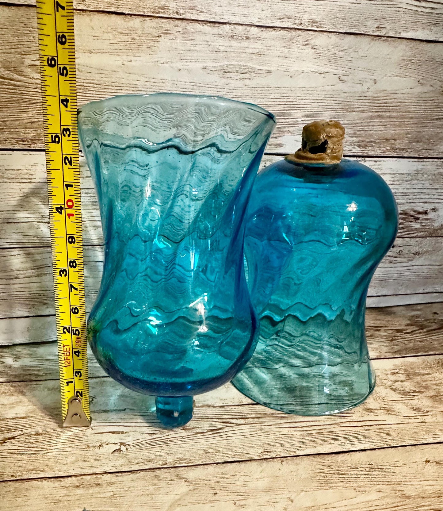 2 Vintage Blue Swirled PEG Votive Cup Candle Holders Turquoise Aqua