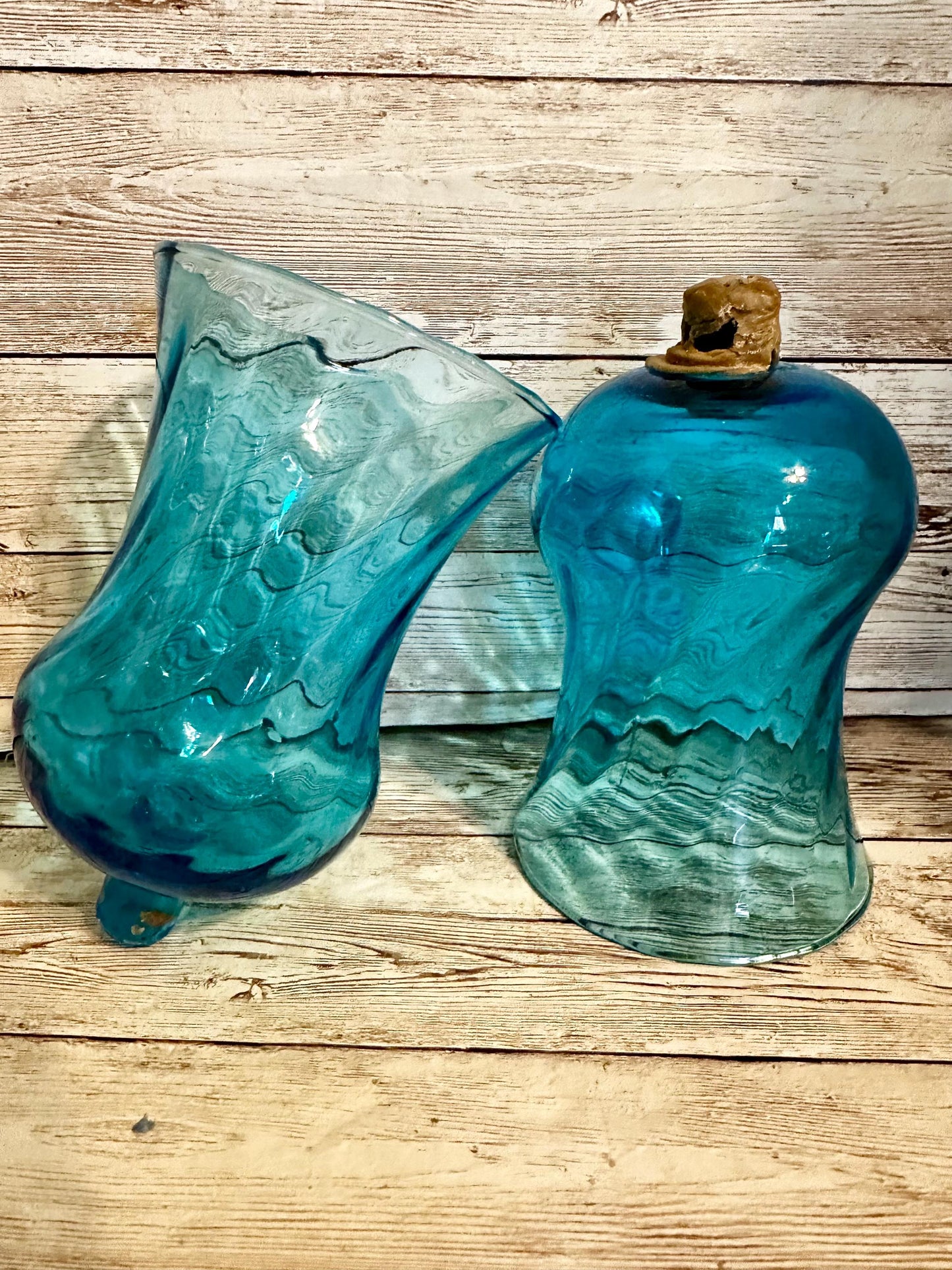 2 Vintage Blue Swirled PEG Votive Cup Candle Holders Turquoise Aqua