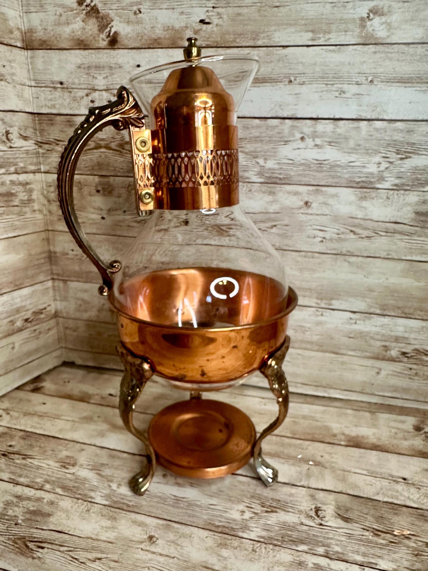 Princess House Copper Coffee Tea Pot Carafe Warming Stand 14" Tall