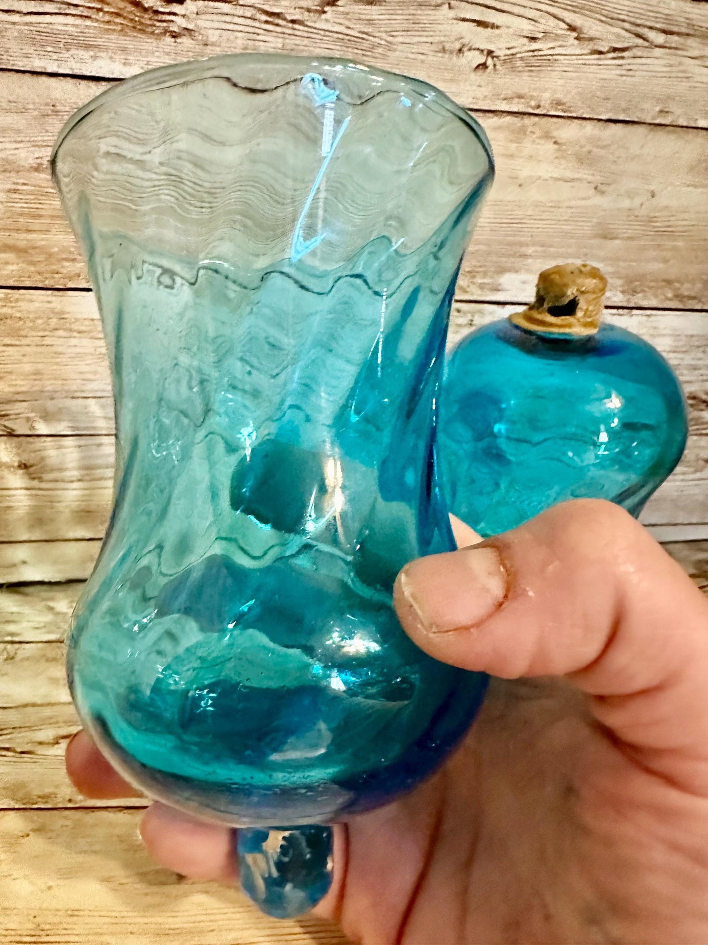2 Vintage Blue Swirled PEG Votive Cup Candle Holders Turquoise Aqua
