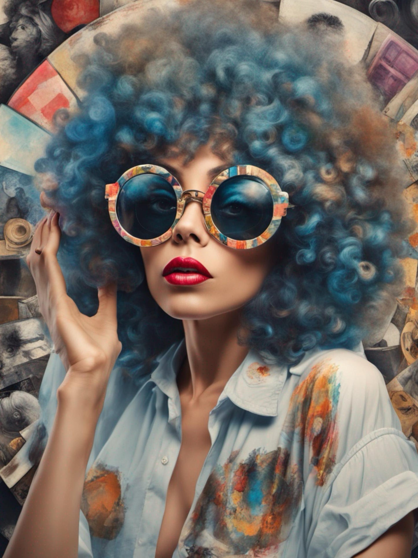Colorful Woman Blue Hair Big Glasses Decoupage Paper