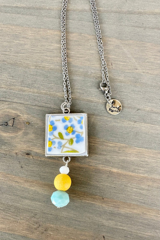 Beautiful broken china pendant necklace using a vintage 1970s Correlle “Wildflower” plate, square silver pendant necklace