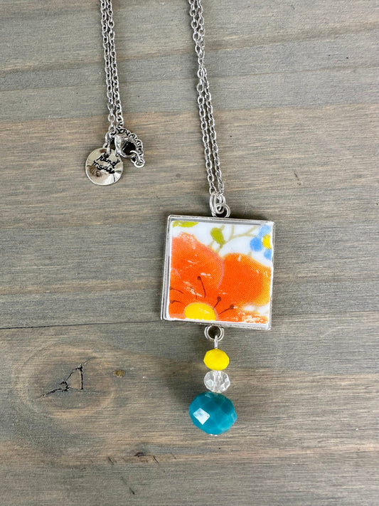 Beautiful broken china pendant necklace using a vintage 1970s Correlle “Wildflower” plate, square silver pendant necklace