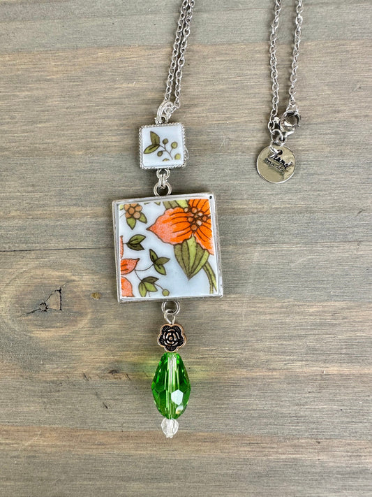 Beautiful broken china pendant necklace using a Rare vintage 1970s Correlle “Indian Summer” plate, square silver pendant necklace