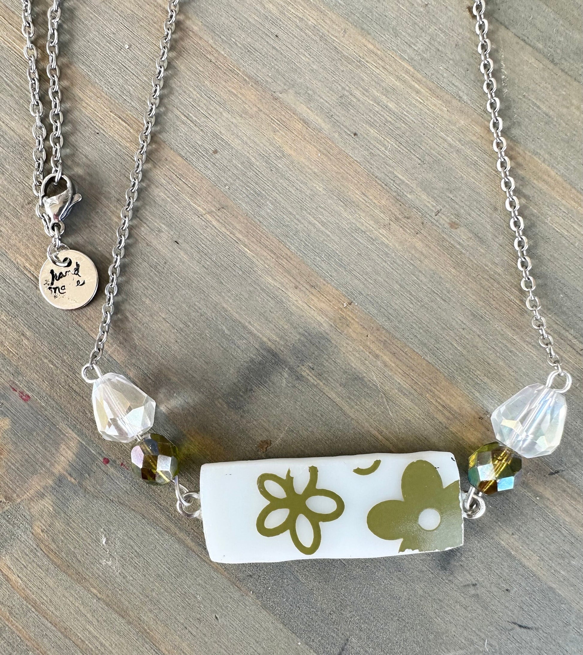 Broken China Jewelry, made out of a Vintage 1970s Pyrex Bowl “Spring Blossom” on Silver necklace