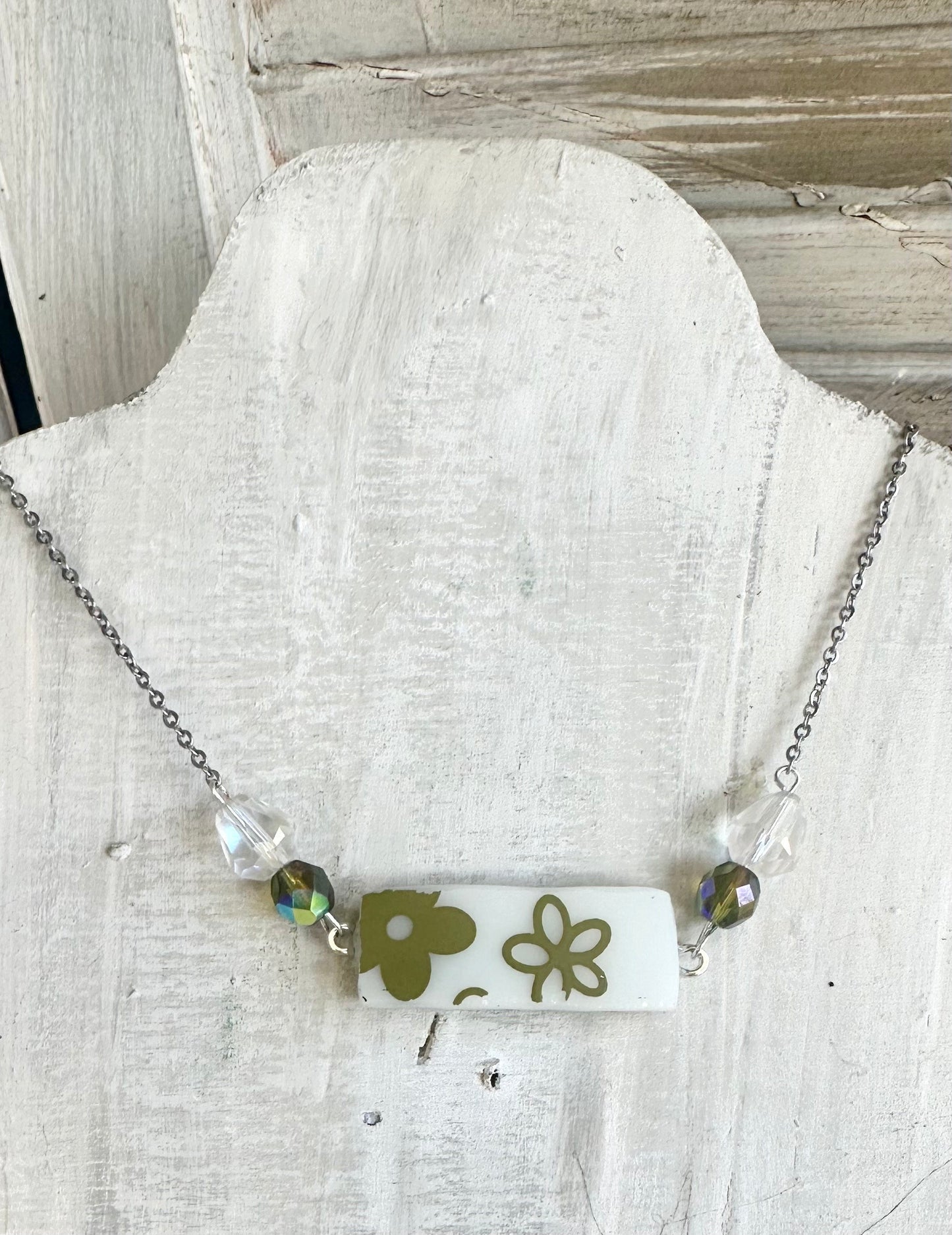 Broken China Jewelry, made out of a Vintage 1970s Pyrex Bowl “Spring Blossom” on Silver necklace