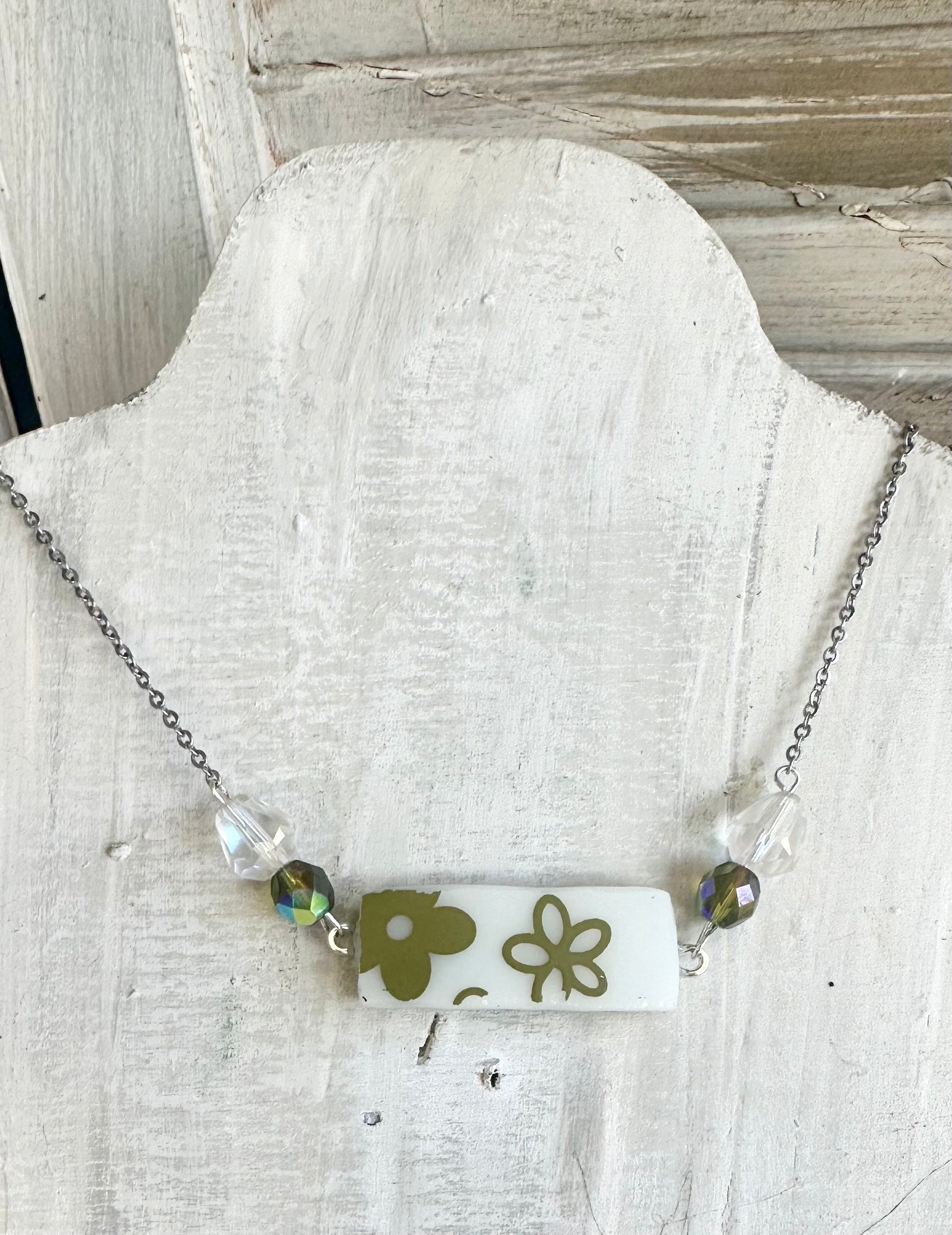 Broken China Jewelry, made out of a Vintage 1970s Pyrex Bowl “Spring Blossom” on Silver necklace