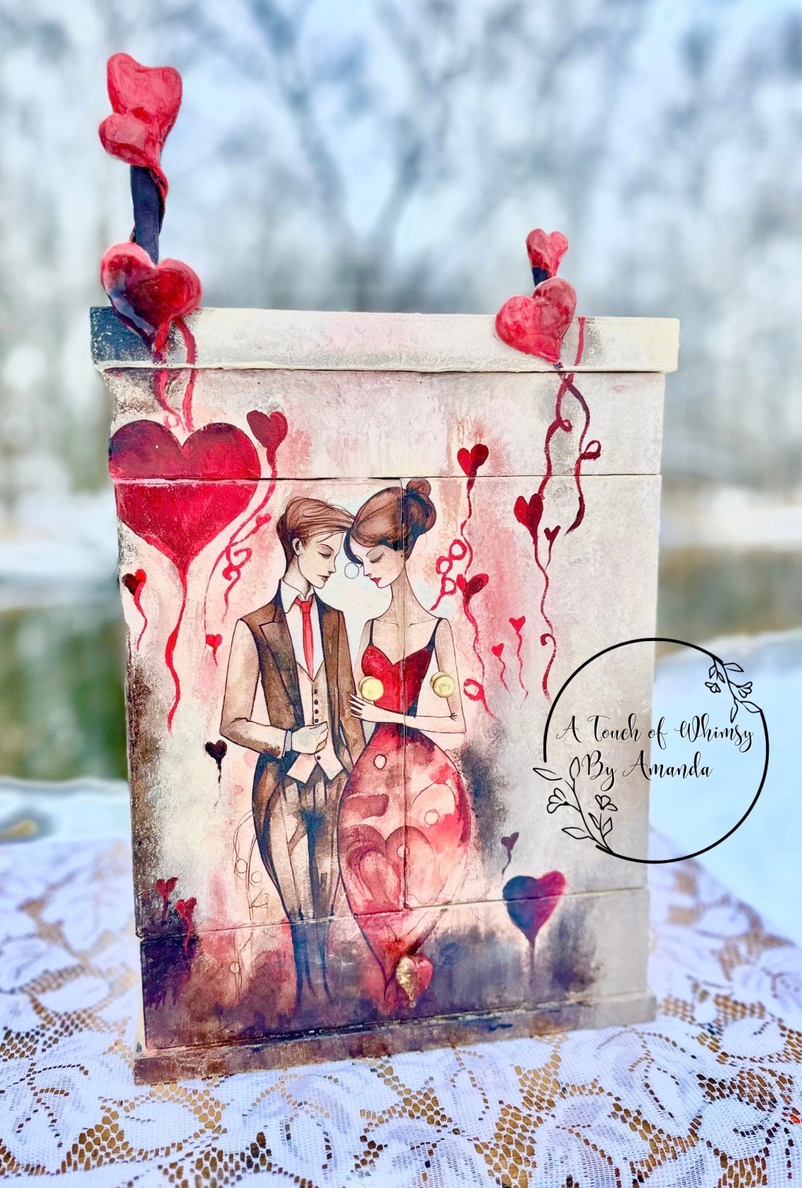 Hand painted Vintage Wood Jewelry Box/Armoire. Love/ Valentine’s Day with ring and bracelet holder