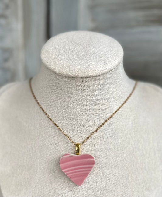 Beautiful broken china pendant necklace using a vintage Pink Fiestaware plate, on gold necklace