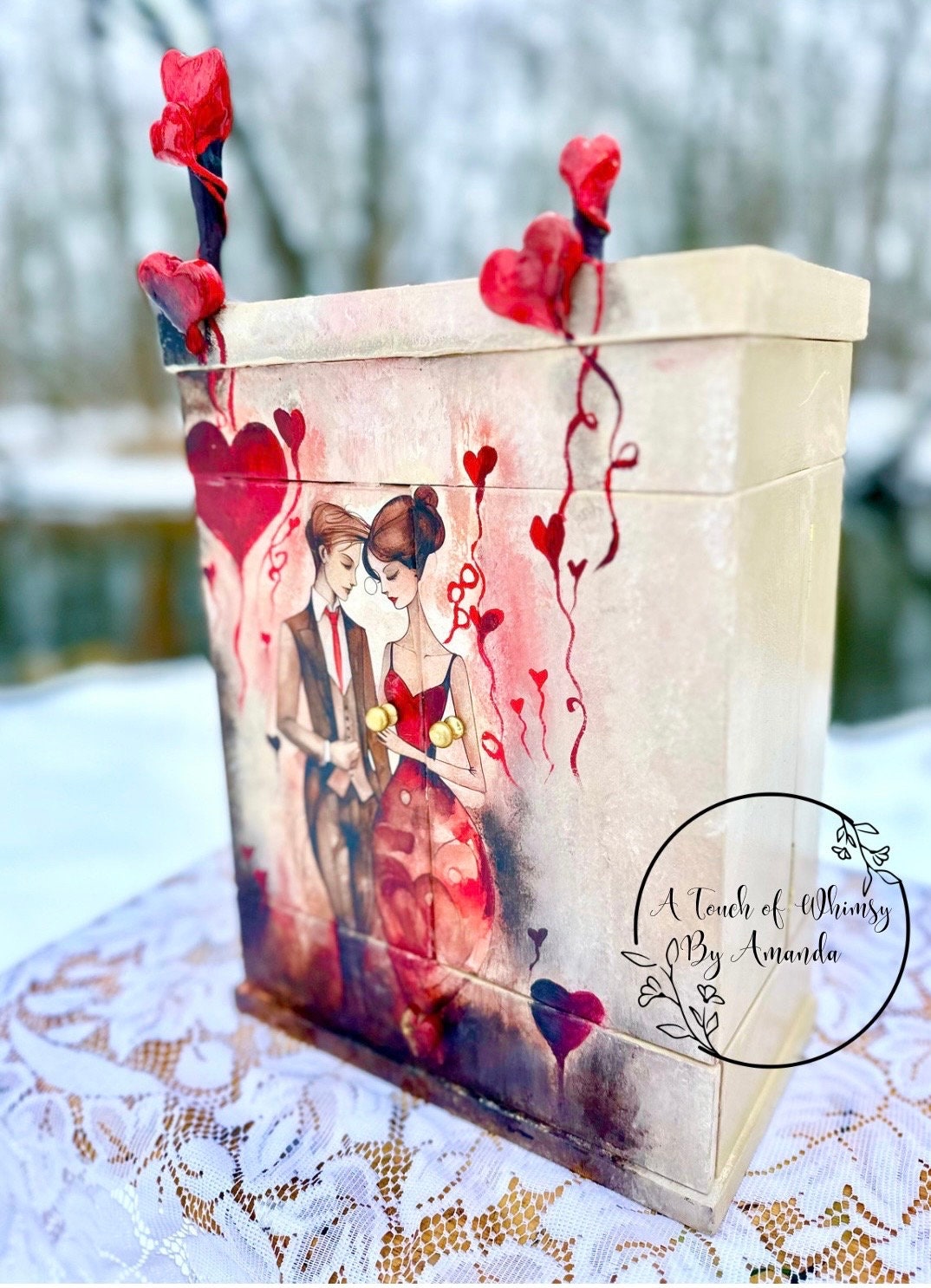 Hand painted Vintage Wood Jewelry Box/Armoire. Love/ Valentine’s Day with ring and bracelet holder