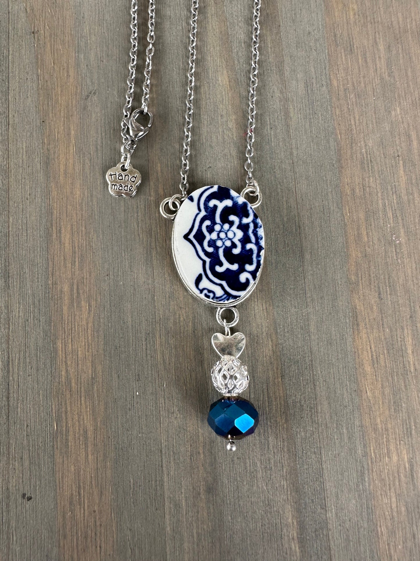 Antique Churchill England Blue Willow Broken China silver necklace  blue and white