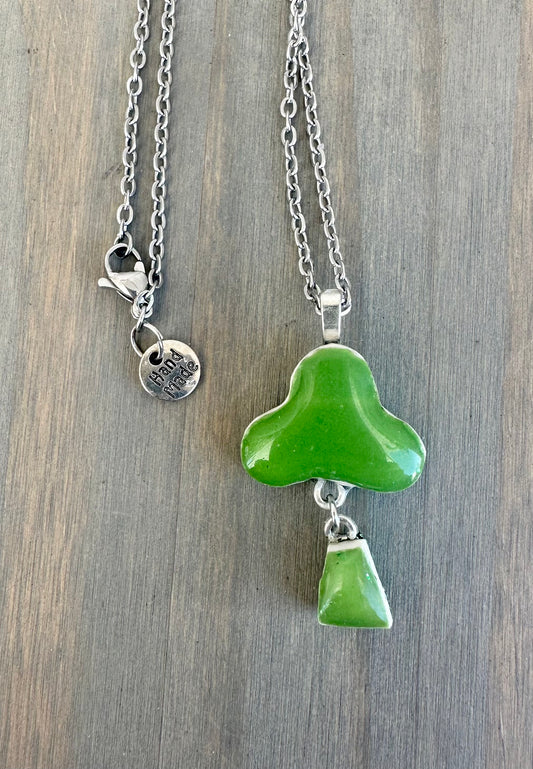 Beautiful broken china pendant necklace using a vintage Homer Laughlin Shamrock Green Fiestaware plate, silver necklace, Shamrock