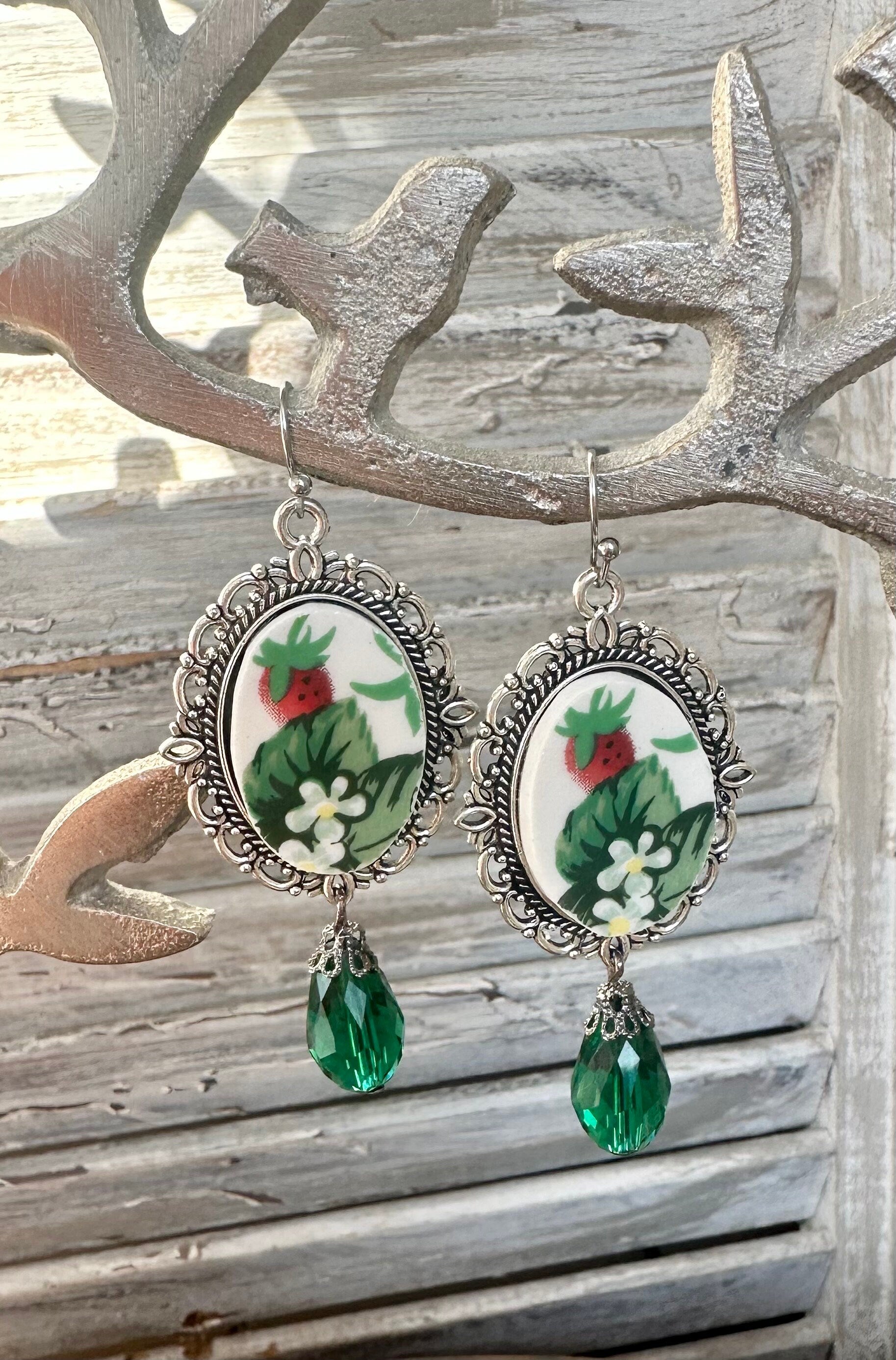 Vintage Tabletops Unlimited Very Strawberry Plate Broken China Earrings