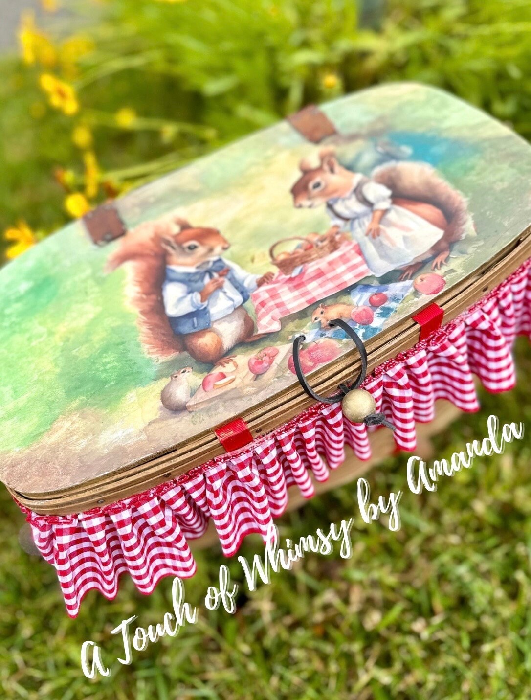 Squirrel Picnic Basket with Gingham trim