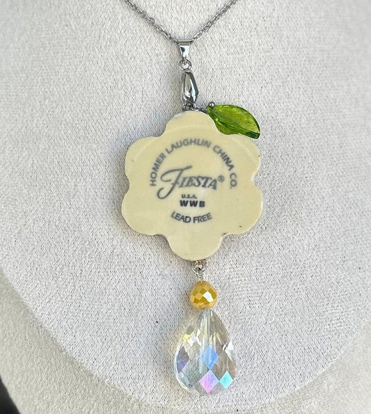 Beautiful broken china pendant necklace using a Homer Laughlin Yellow Fiestaware plate, silver necklace, Daisy with Logo