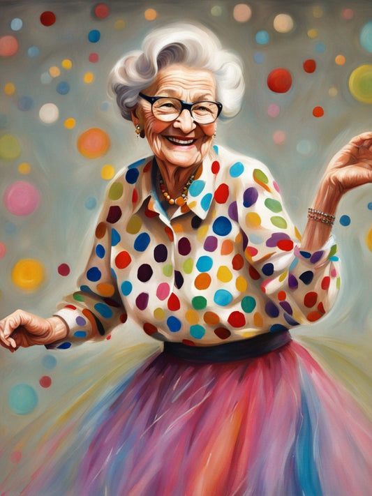 Joyful Elegance: Old Lady in Colorful Tulle Skirt Decoupage Delights