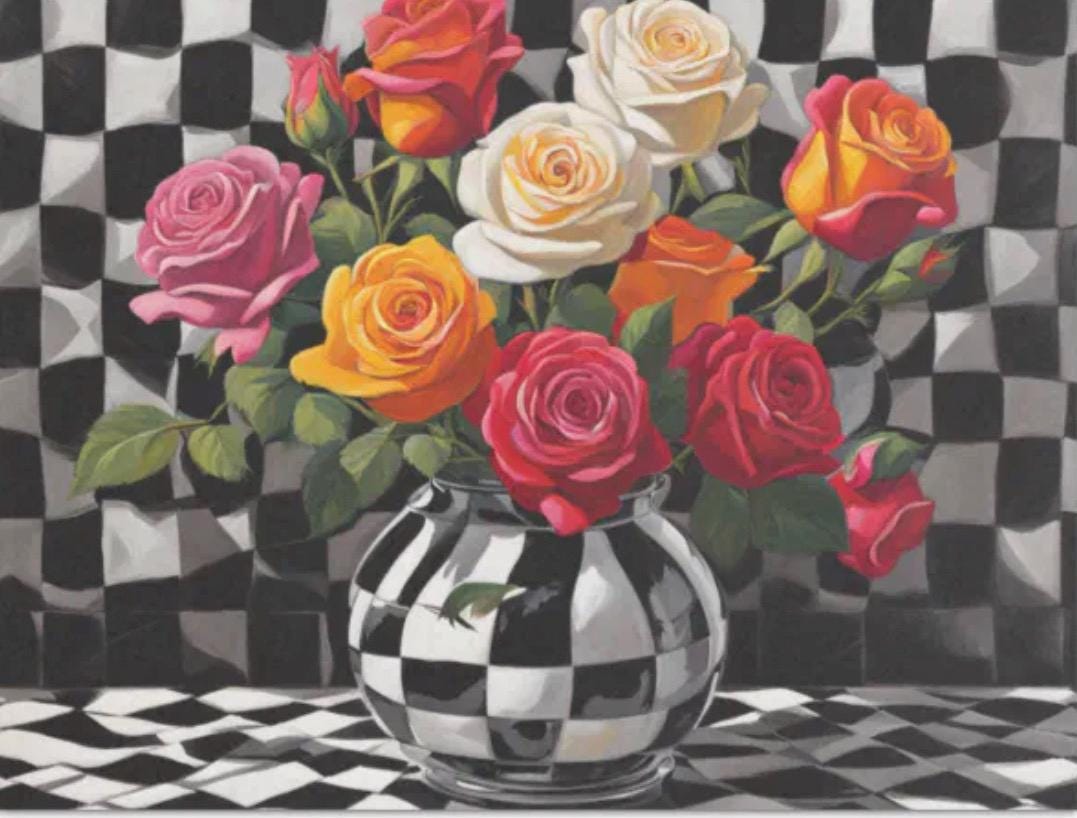 Bright and bold Whimsical Harelquin and Roses Floral decoupage paper