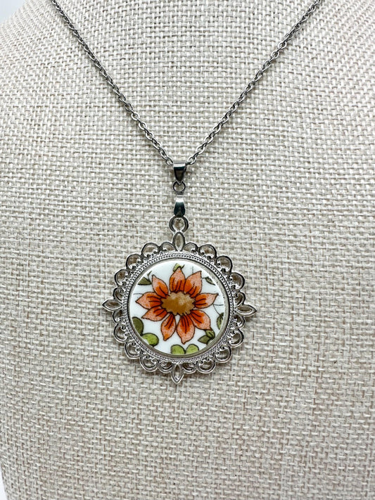 Beautiful broken china pendant necklace using a Rare vintage 1970s Correlle “Indian Summer” plate, silver pendant necklace