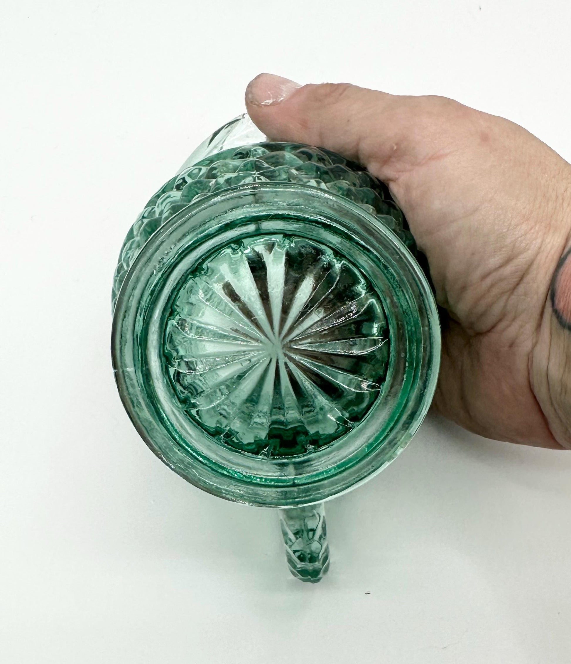 Vintage Anchor Hocking "Wexford Green" Glass Creamer Criss Cross Pattern 4.25"