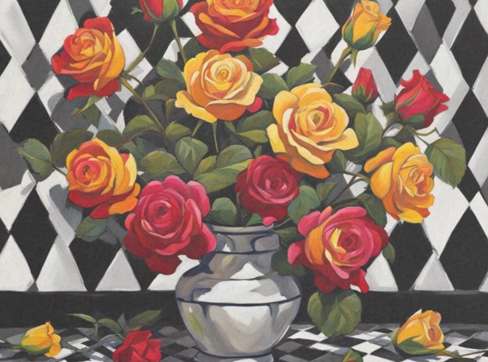 Bright and bold Whimsical Harelquin and Roses Floral decoupage paper