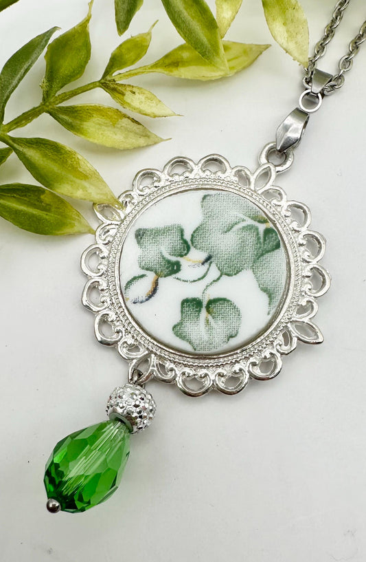 Beautiful broken china pendant necklace using a vintage Correlle “Callaway Green Ivy” plate, oval silver pendant necklace