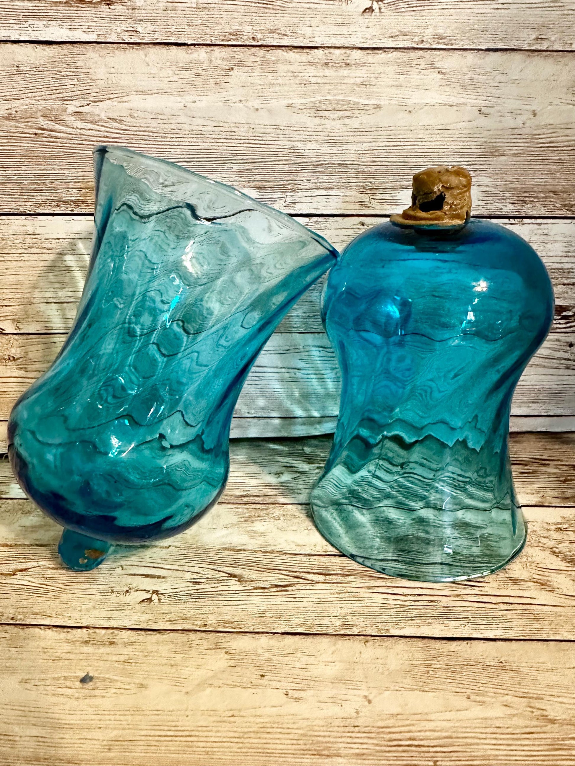 2 Vintage Blue Swirled PEG Votive Cup Candle Holders Turquoise Aqua
