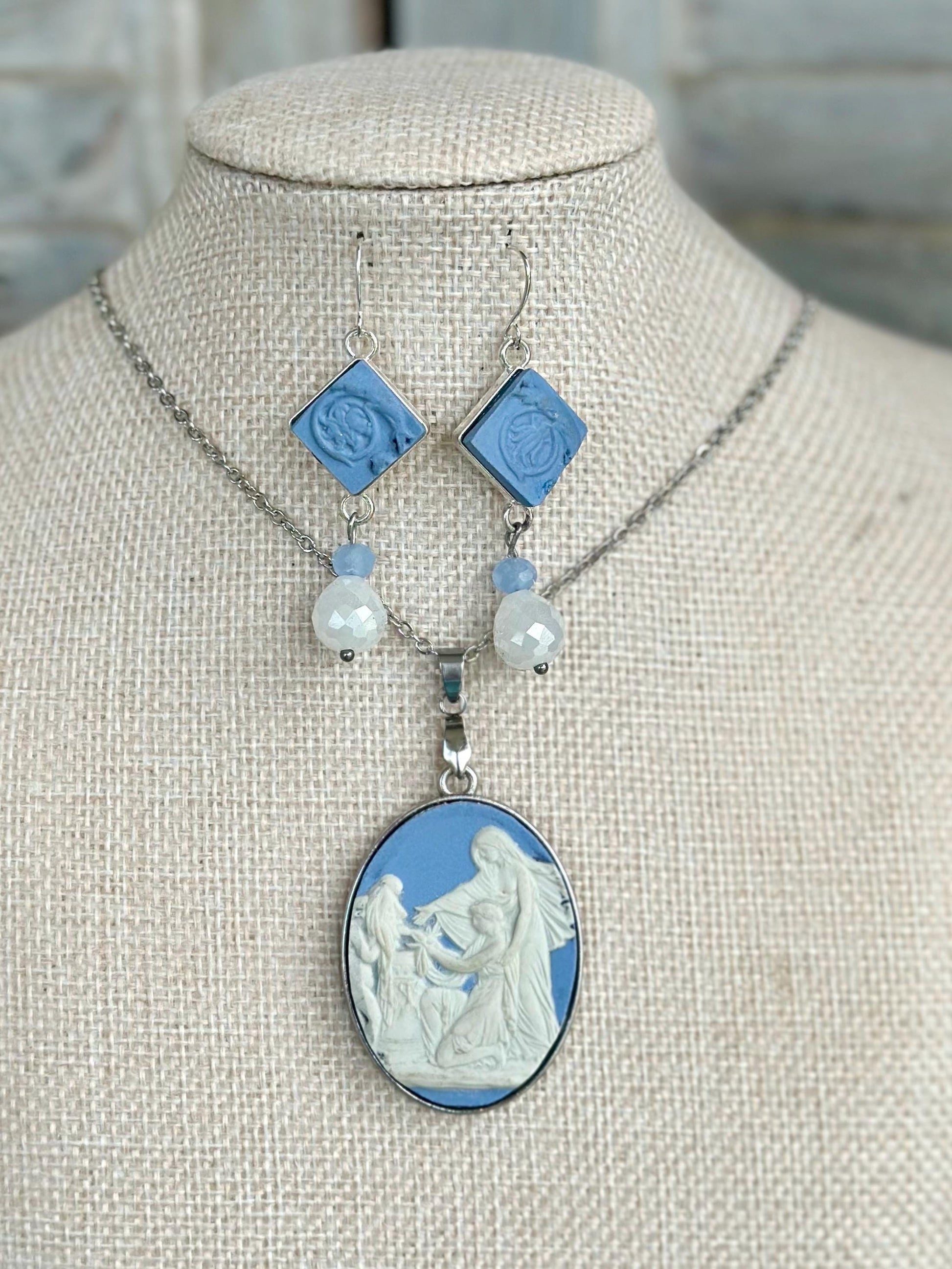Unique Broken China Necklace - Vintage Blue Wedgwood Jasperware Cupid as Oracle Silver Oval