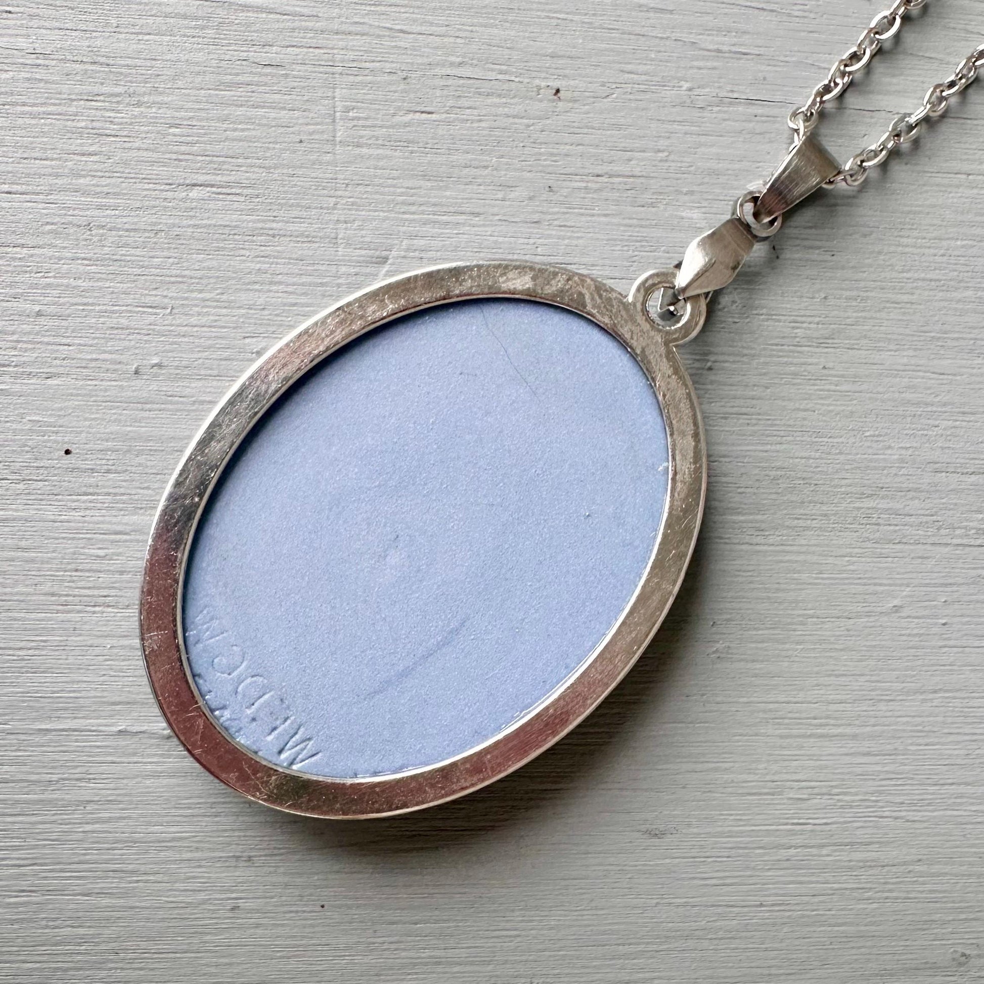 Unique Broken China Necklace - Vintage Blue Wedgwood Jasperware Cupid as Oracle Silver Oval