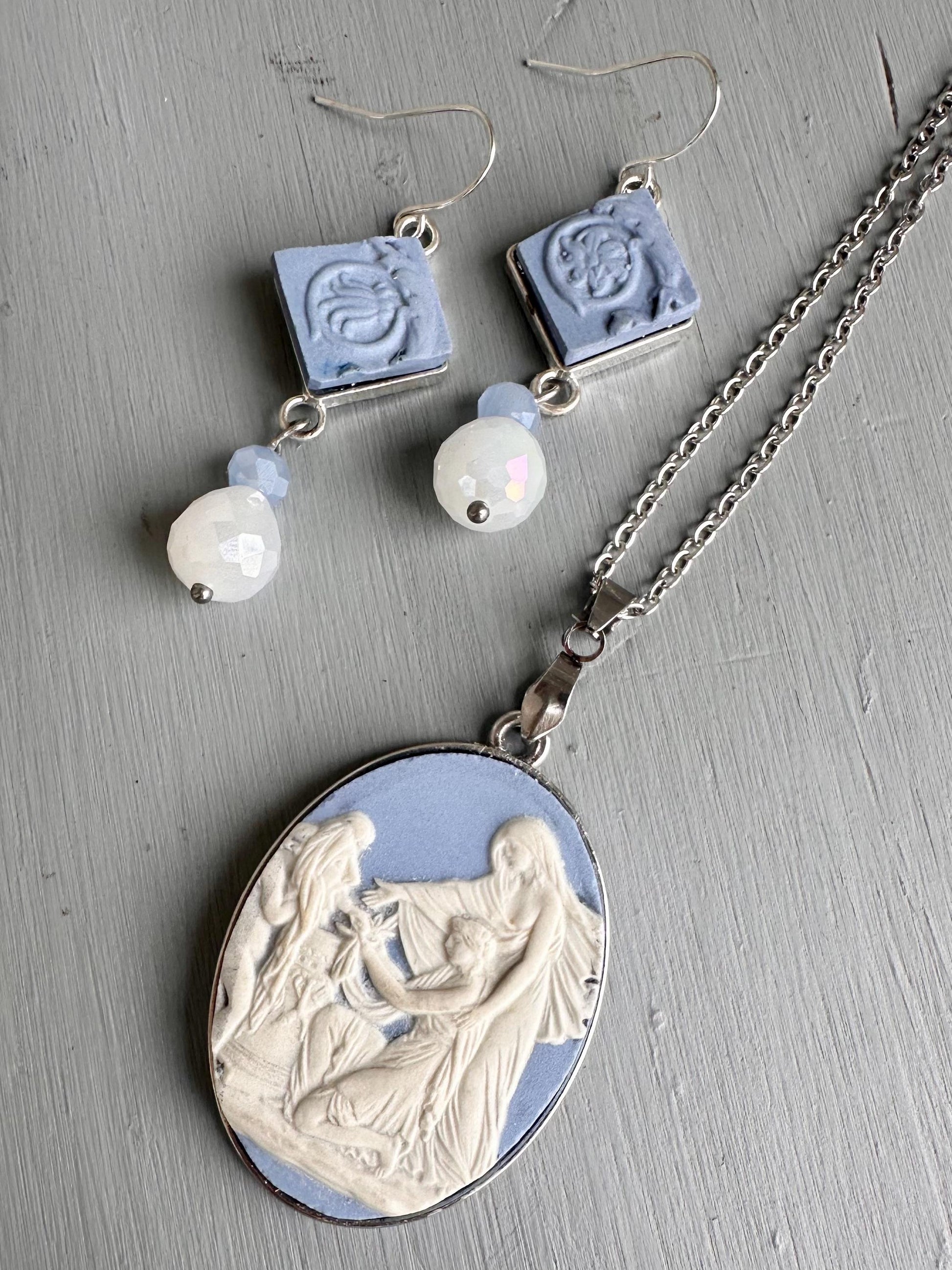 Unique Broken China Necklace - Vintage Blue Wedgwood Jasperware Cupid as Oracle Silver Oval