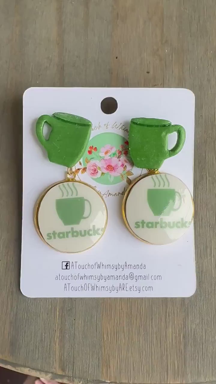 2003 Vintage Starbucks barista expresso mug broken china earrings with polymer clay studs